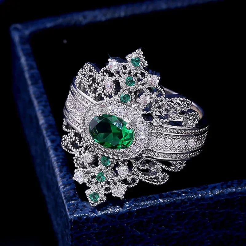 Zenat Green Oval Crystal Party Women's Ring