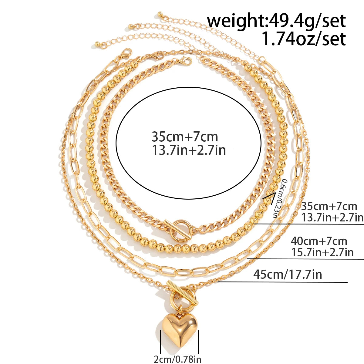 Zenat Link Chain 4Pcs/Set Gold Color Heart Pendant
