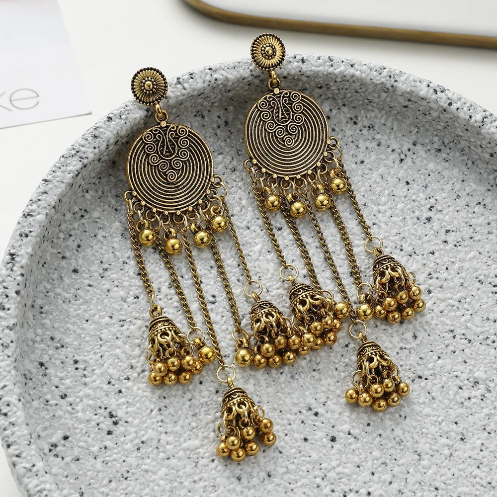 Zenat Retro Geometric Bead Tassel Jhumka Earrings