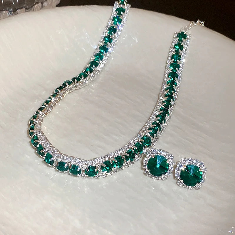 Fashion Trend Unique Design Elegant Delicate Light Luxury Green Zircon Necklace Women Jewelry Party Premium Stud Earrings Gift