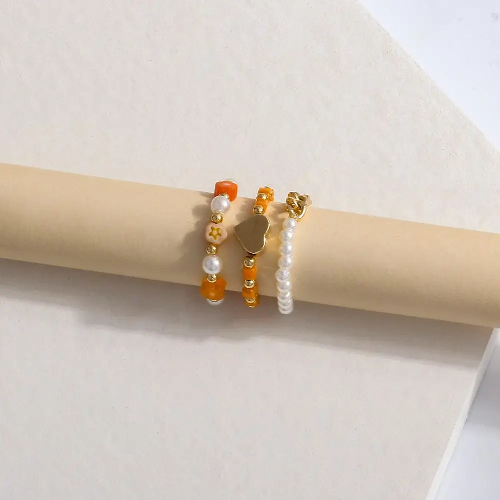 Trendy Cute Bohemia Pearl Flower Acrylic Beaded Rings Party Jewelry Finger Ring Set Women Ring