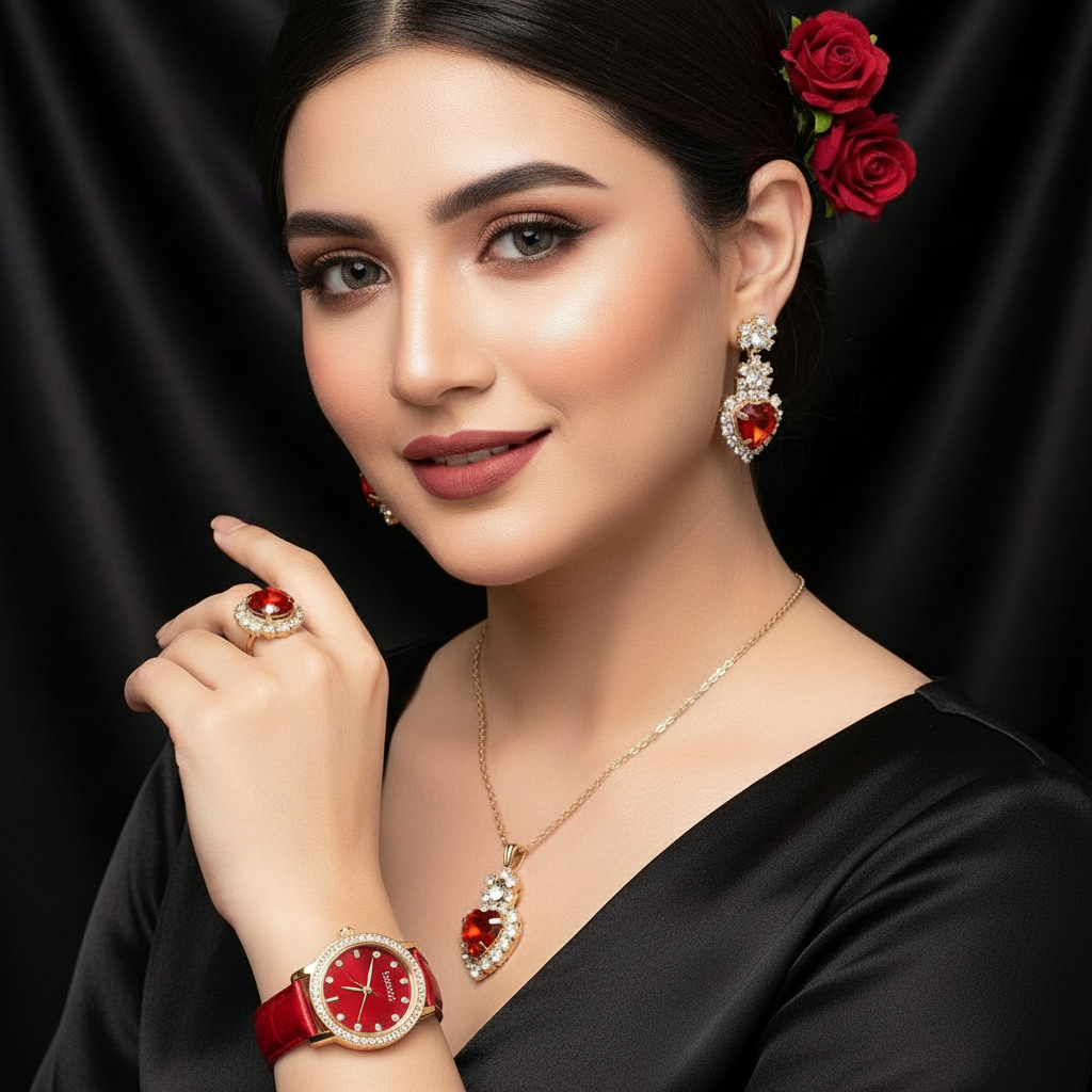 Zenat 5Pcs Set Luxury Rhinestone Watch Quartz Bracelet Set