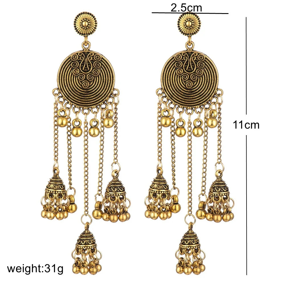 Zenat Retro Geometric Bead Tassel Jhumka Earrings