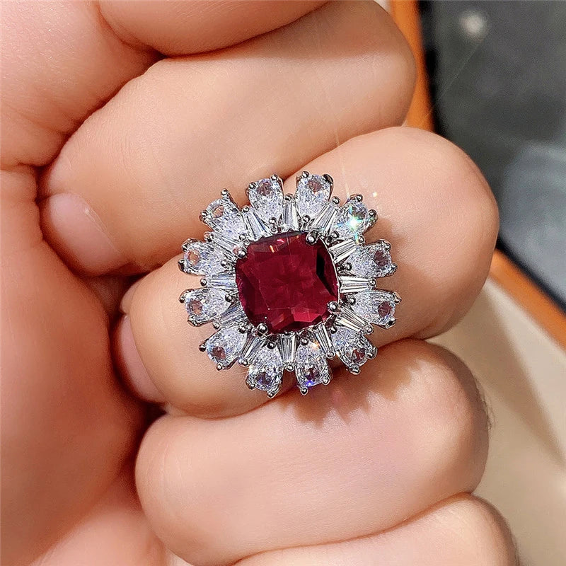 Zenat Deluxe Floral Red AAA Cubic Zirconia Gem Ring for Women