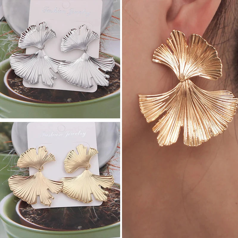 Zenat Geometric Ginkgo Leaf Drop Earrings