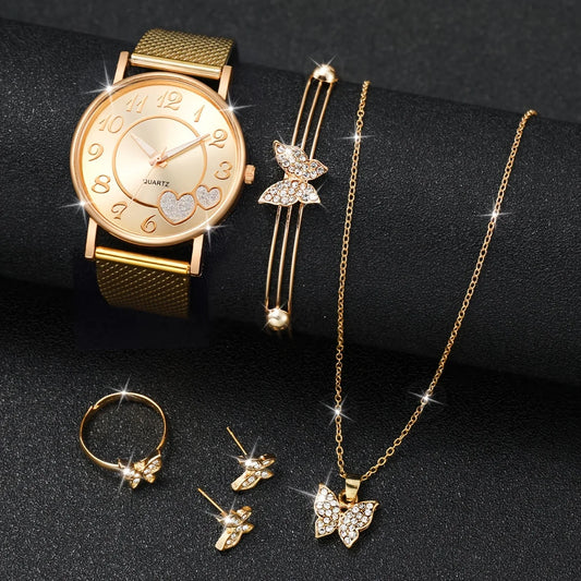 Zenat Heart Band Watch Golden Quartz Butterfly Set