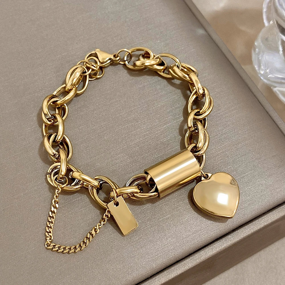Lobster Heart Lock Stainless Steel Bracelet Gold Plated
