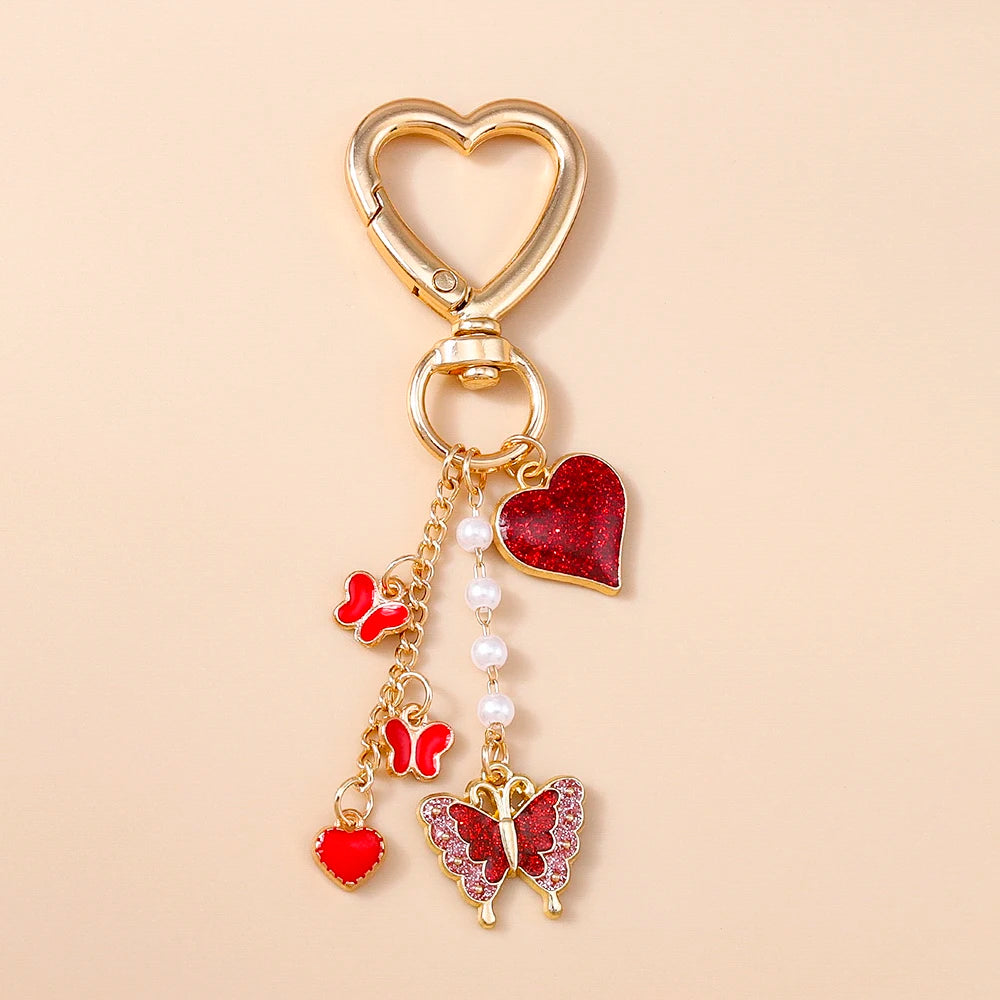 Cute Enamel Flower Butterfly Keychain Women Girls Love Heart Key Ring Pendants Handbag Decor DIY Handmade Jewelry Gifts