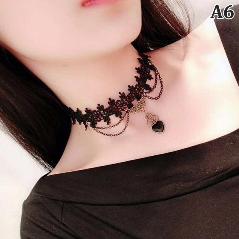 Zenat Gothic Black Lace Crystal Choker Necklace