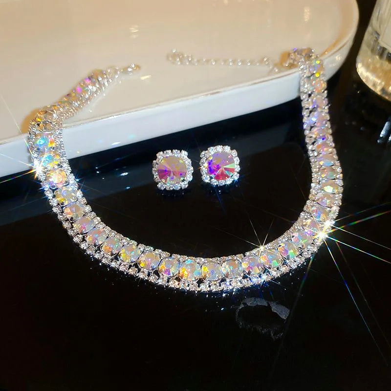 Luxury Green Rhinestone Necklace Stud Earrings For Women Crystal Choker Necklaces Ladies Fashion Weddings Banquet Jewelry Set