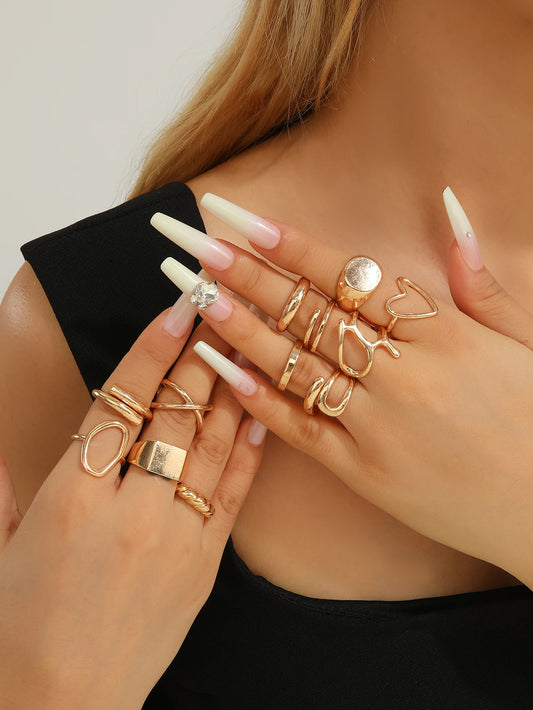 Zenat 12-Piece Metallic Smooth Rings for Women