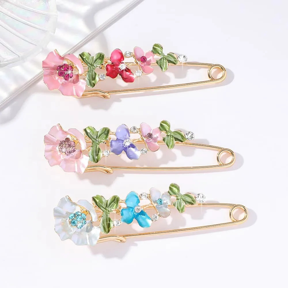 Zenat Rhinestone Flower & Leaf Lapel Pin Brooches