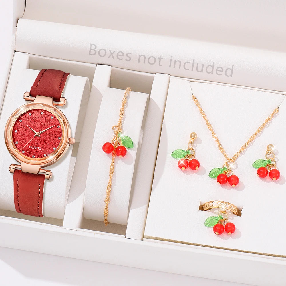 Zenat 6PCS Set Red Cherry Strap with Jewelery