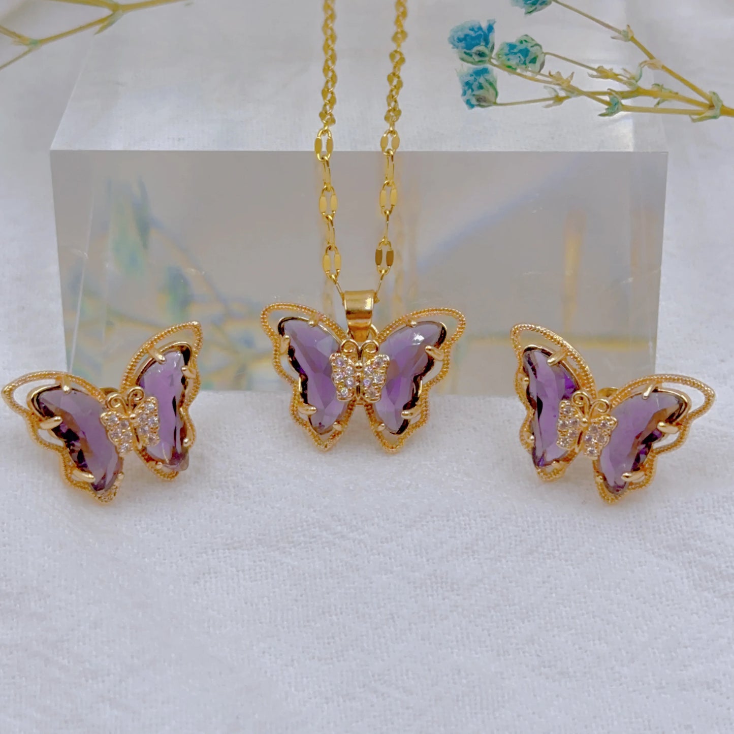 Zenat Cute Micro-Inlaid Butterfly Necklace & Earrings Set