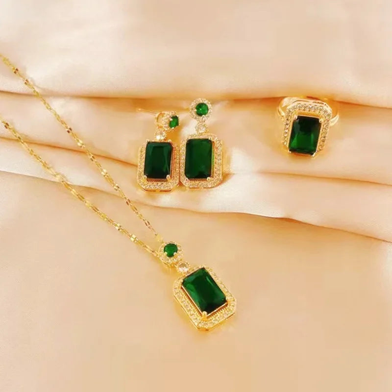 Zenat Exquisite Emerald Necklace Earrings Ring 3 Piece Set