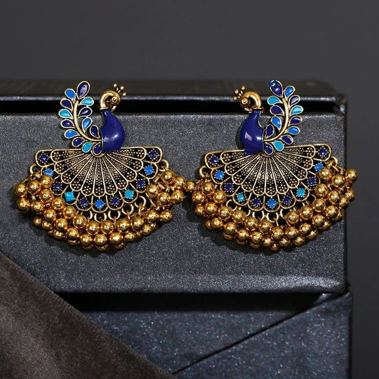 Zenat Vintage Blue Peacock Tassel Jhumka Earrings