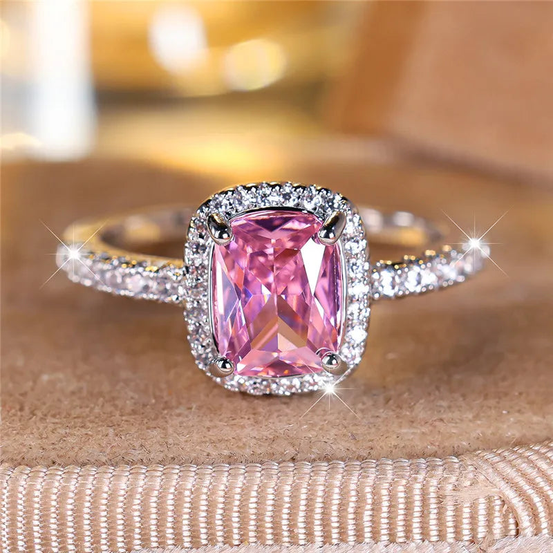 Zenat Crystal Pink Square Zircon Silver Ring