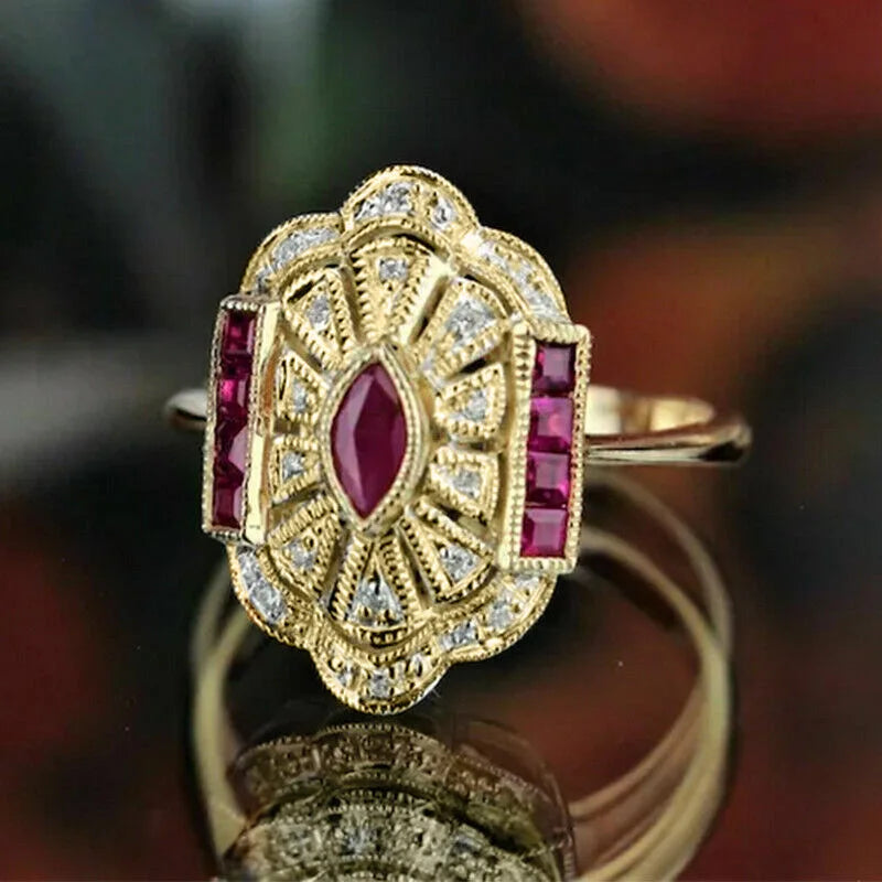 Zenat Elegant Red Corundum Ring with Large Zircon