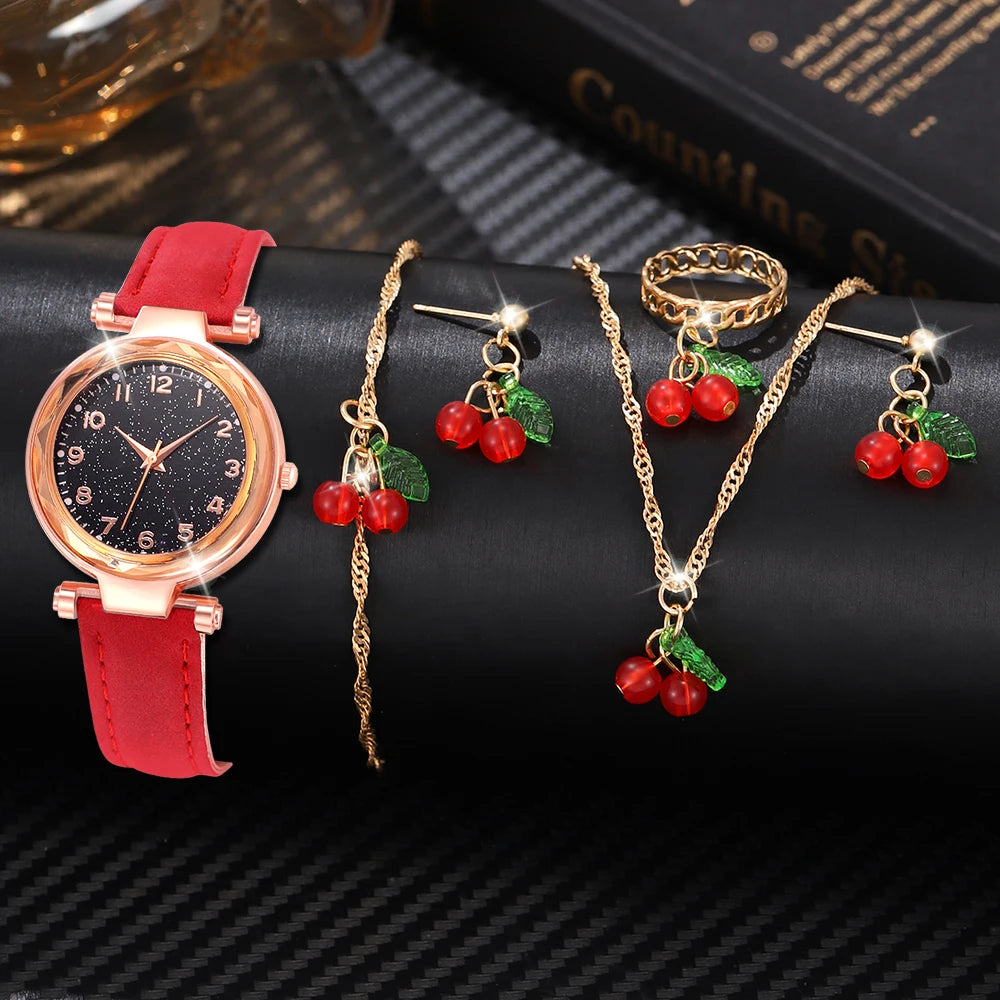 Zenat 6PCS Set Red Cherry Strap with Jewelery