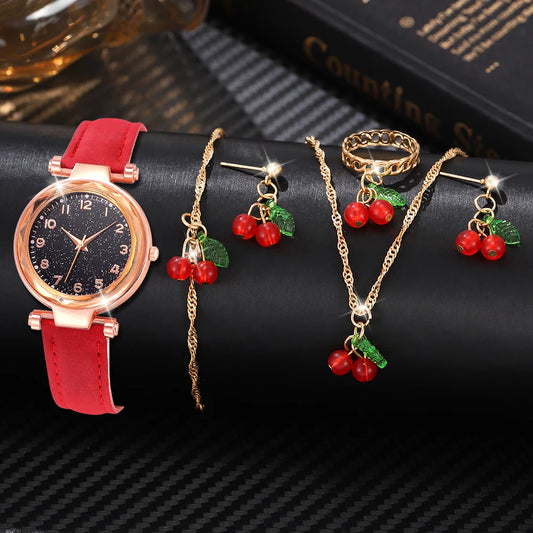Zenat 6PCS Set Red Cherry Strap with Jewelery