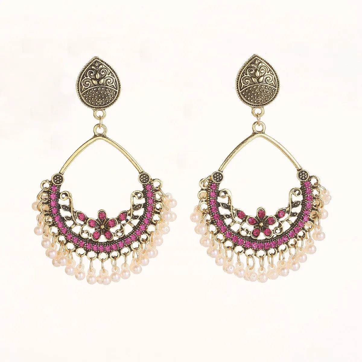 Zenat Retro Green Carved Pearl Tassel Jhumka