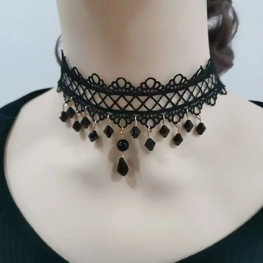 Zenat Neo-Gothic Black Lace Punk Choker Necklace