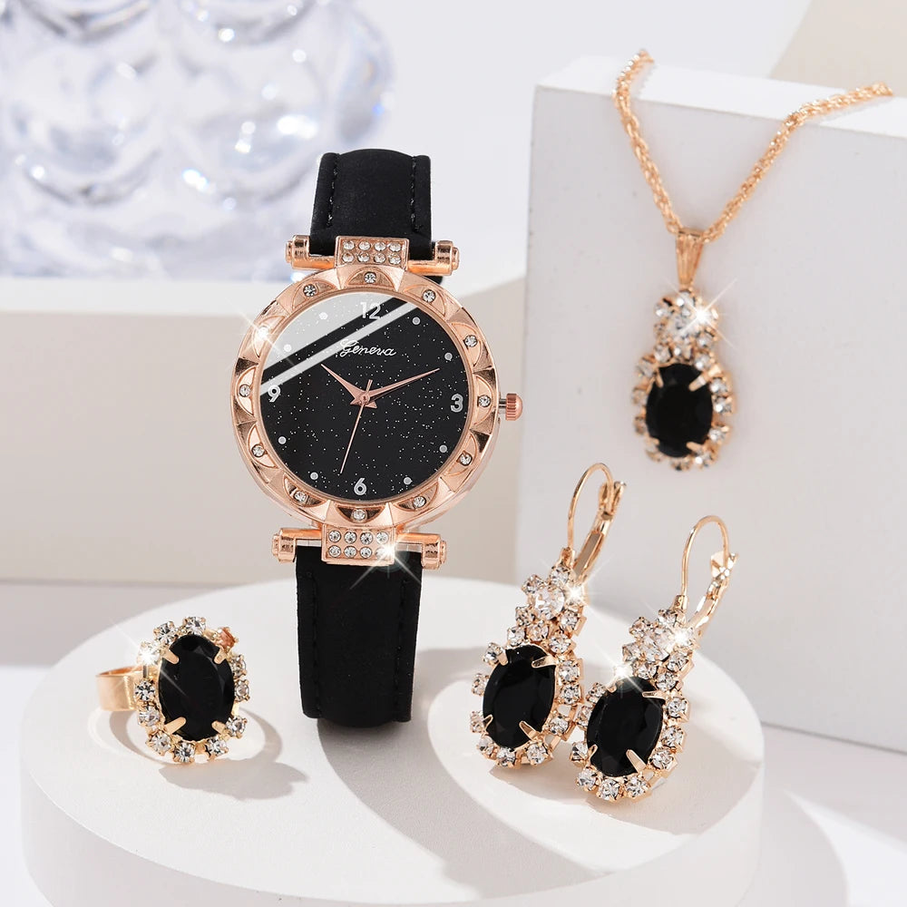 Zenat 5Pcs Set Luxury Rhinestone Watch Quartz Bracelet Set