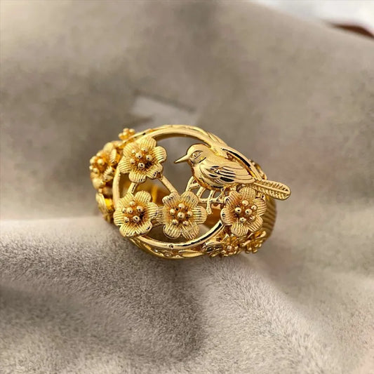 Zenat Vintage Flower & Bird Motif Beads Ring