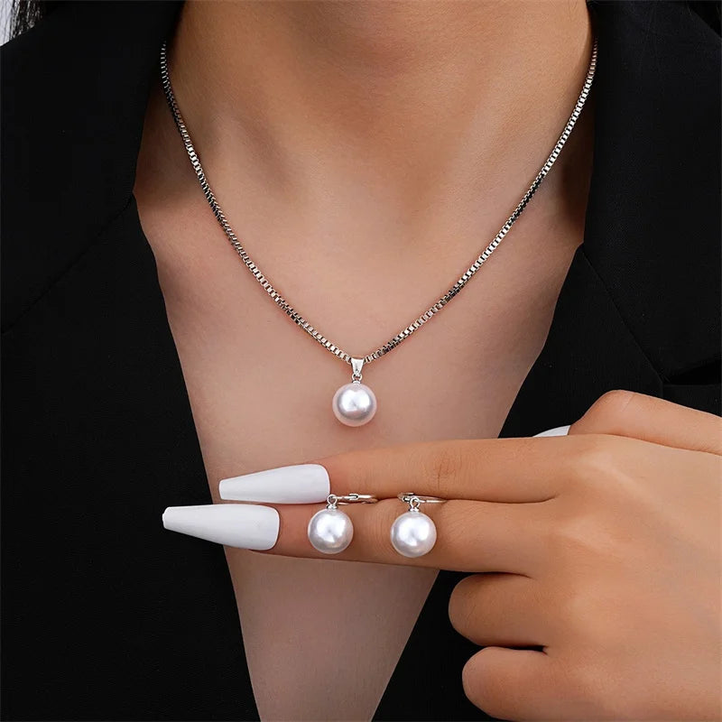 Zenat 3 Pcs Round Pearl Jewelry Set Of Earring Pendant Necklace For Women
