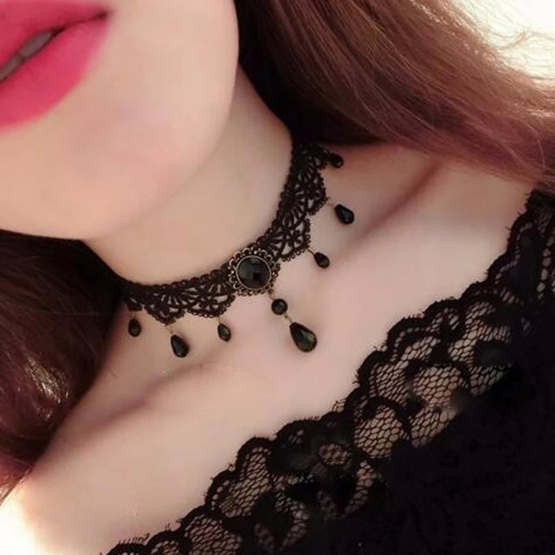 Zenat Gothic Black Lace Crystal Choker Necklace