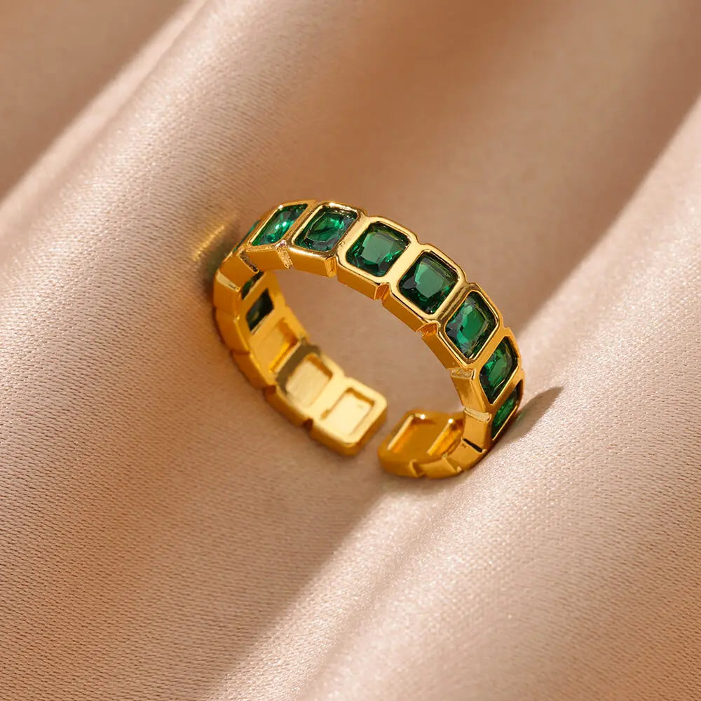 Colorful Cubic Zircon Open Ring For Women Stainless Steel Gold Color Square Rings Bohemian Romantic couple Jewelry Gifts