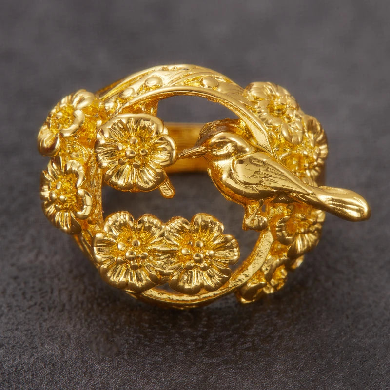 Zenat Vintage Flower & Bird Motif Beads Ring