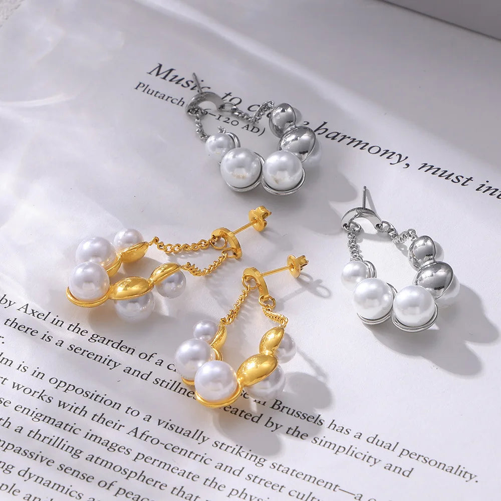 Zenat Round Stainless Steel Pearl Earrings for Women