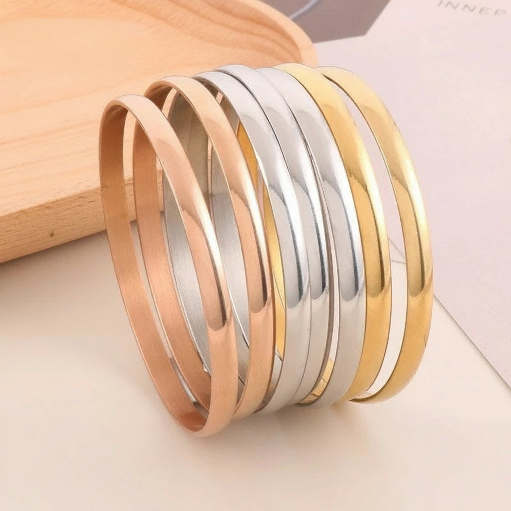 Gold Round Smooth Bangle Waterproof 316L Stainless Steel 18k
