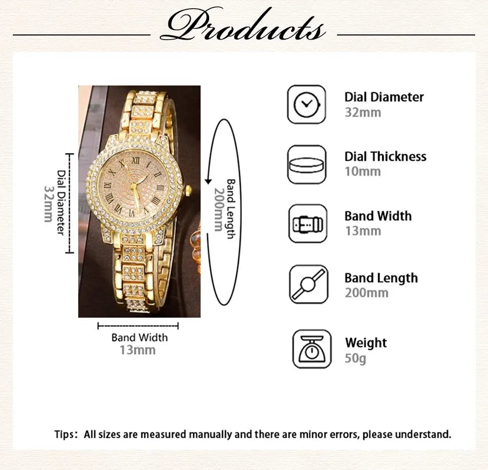 Zenat Golden Watch Ring Necklace Earrings Rhinestone Set