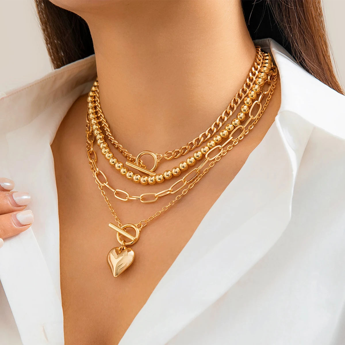Zenat Link Chain 4Pcs/Set Gold Color Heart Pendant