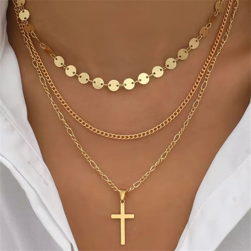 New Vintage Crystal Geometry Star Moon Lock Necklace For Women 2020 Boho Multi-level Pendants Necklaces Chokers Jewelry Gift