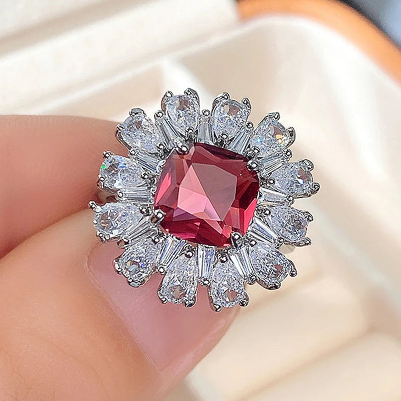 Zenat Deluxe Floral Red AAA Cubic Zirconia Gem Ring for Women