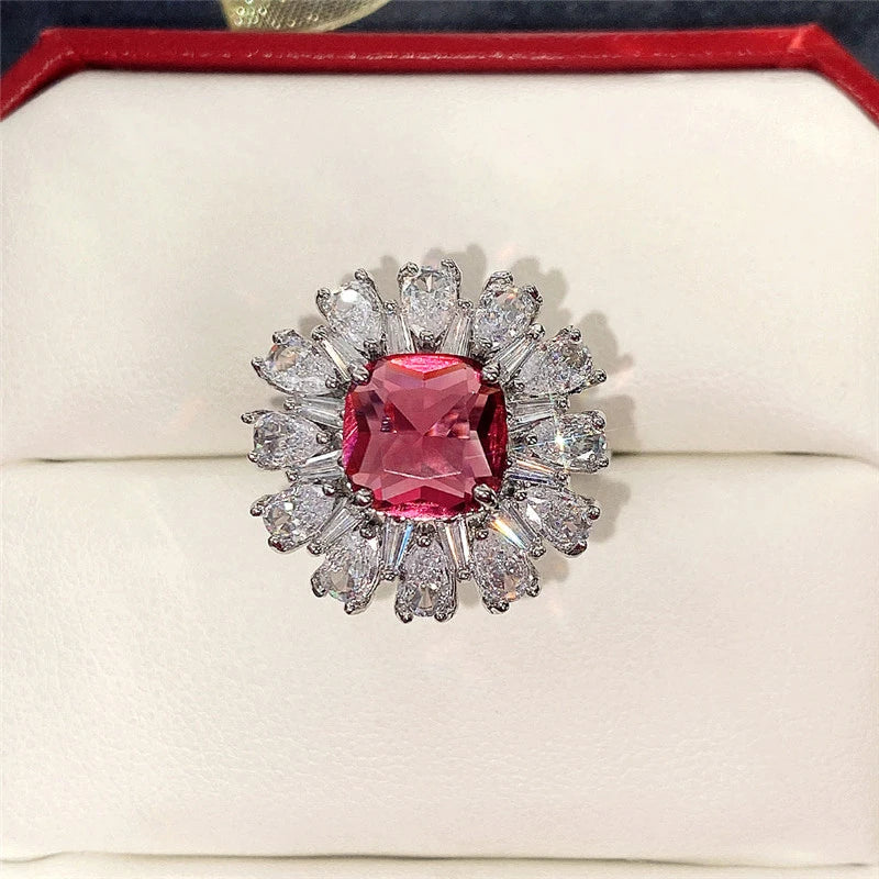 Zenat Deluxe Floral Red AAA Cubic Zirconia Gem Ring for Women