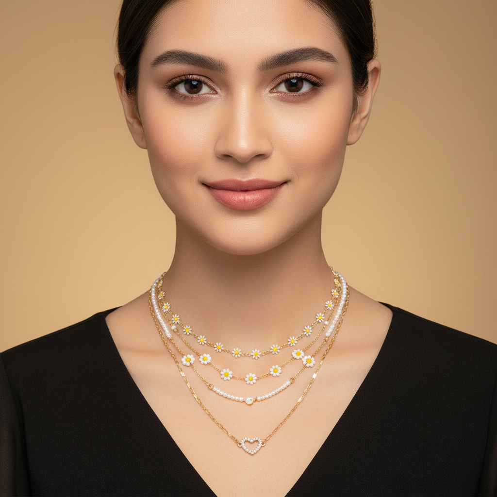 Zenat 4PC Sunflower & Heart Link Chain Jewelry Set