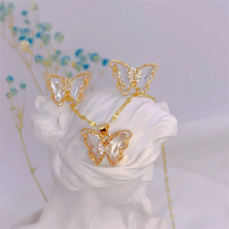 Zenat Cute Micro-Inlaid Butterfly Necklace & Earrings Set