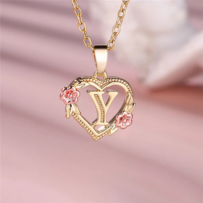 Zenat A-Z Letter Flower Gold Pendant Necklace