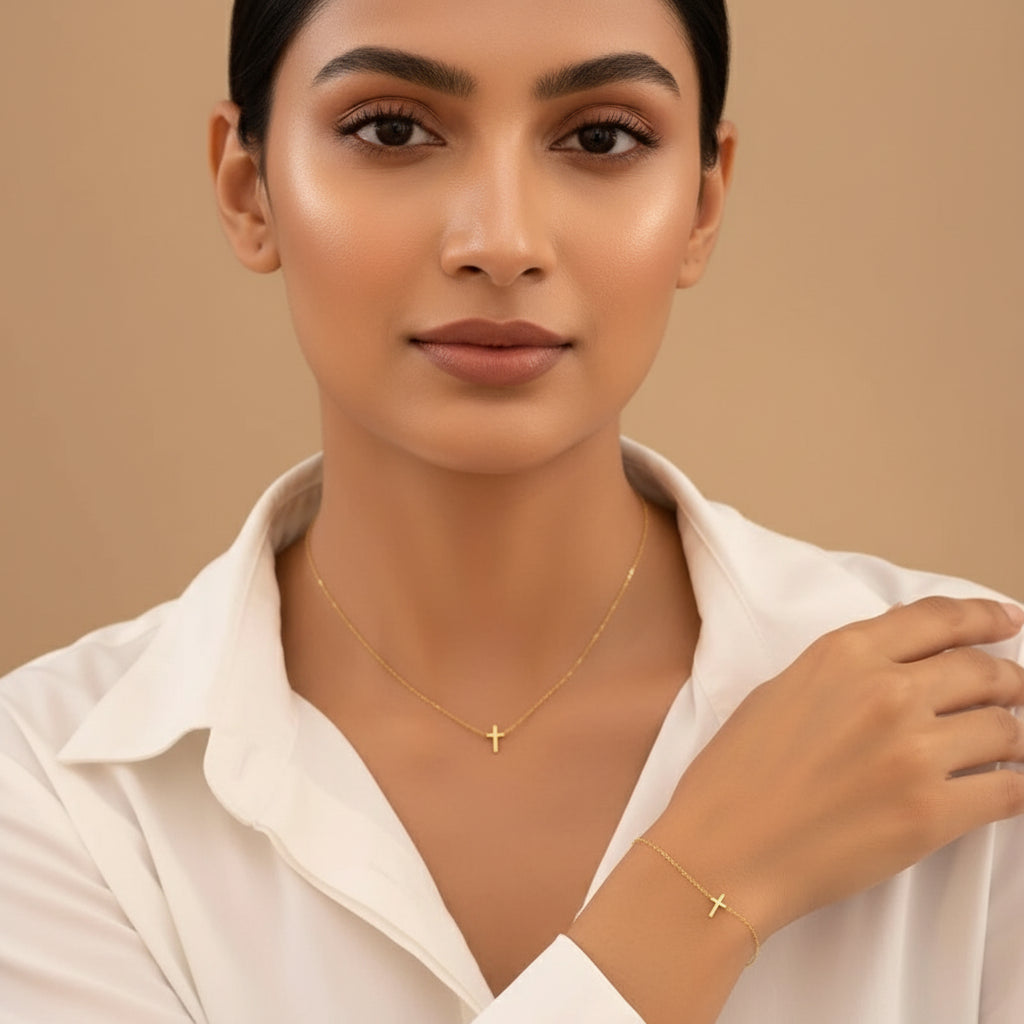 Zenat 2PC Gold Pearl Cross Jewelry Set