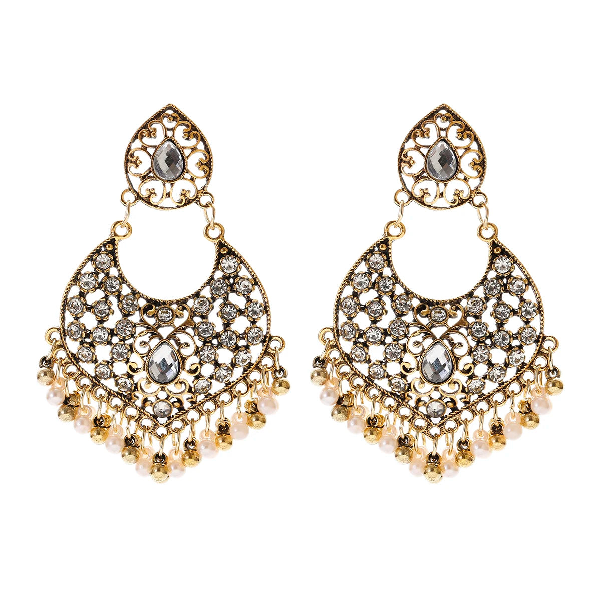 Zenat Retro Green Carved Pearl Tassel Jhumka