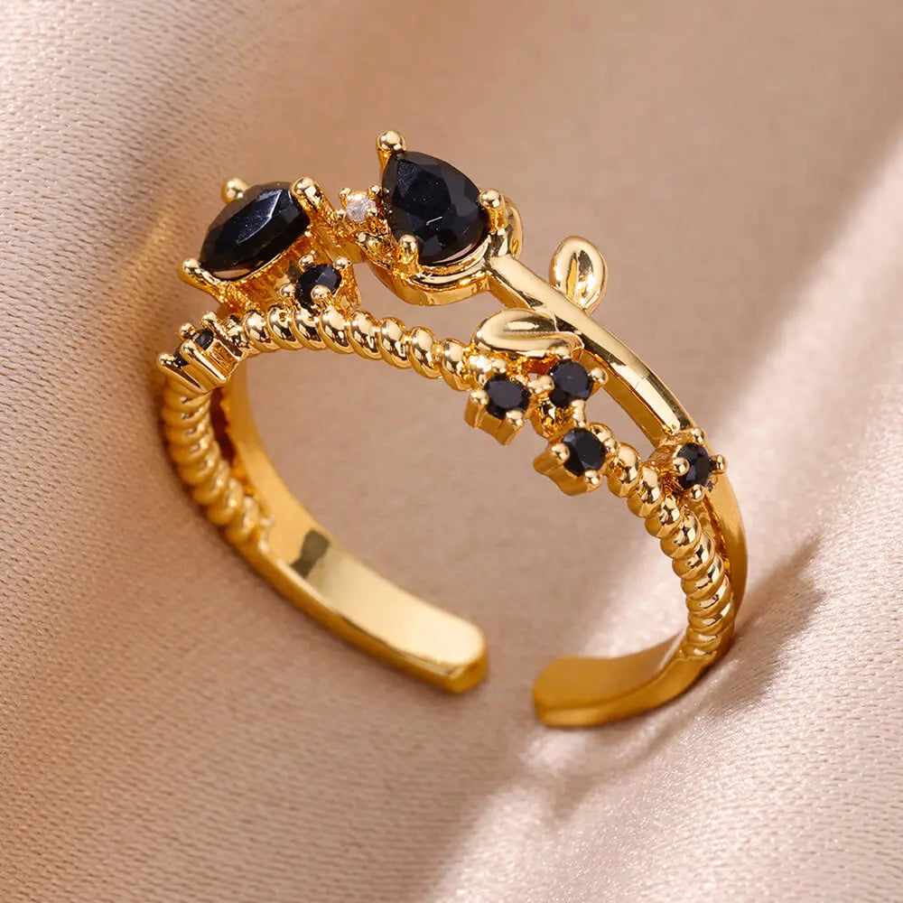 Zenat Gold Zircon Adjustable Stainless Steel Ring