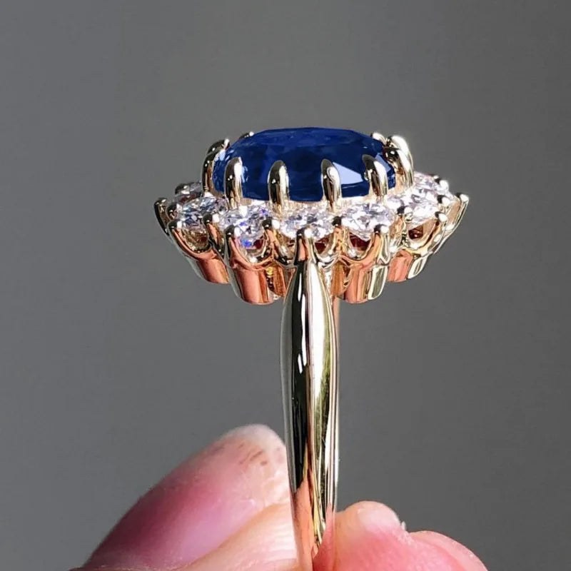 Zenat Gold Silver Round Flower Blue Ring