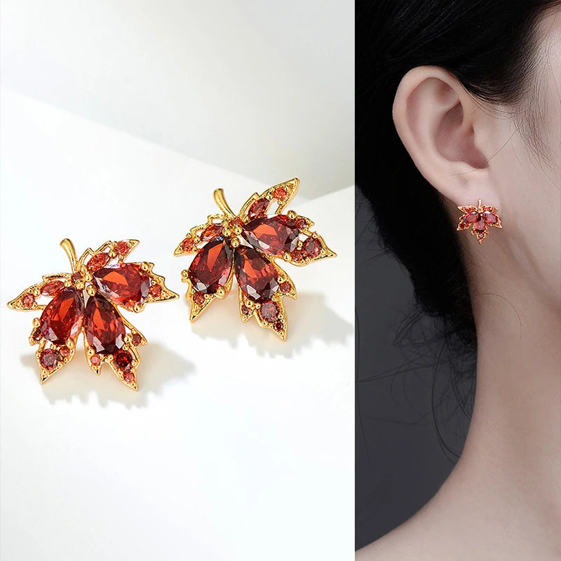 Red Gem Maple Leaf Stud Earrings for Women2023 New Fashion Light Luxury Earrings Retro Simple Crystal Earrings Jewelry Gift