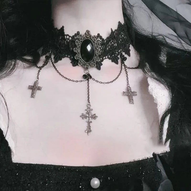 Zenat Neo-Gothic Black Lace Punk Choker Necklace