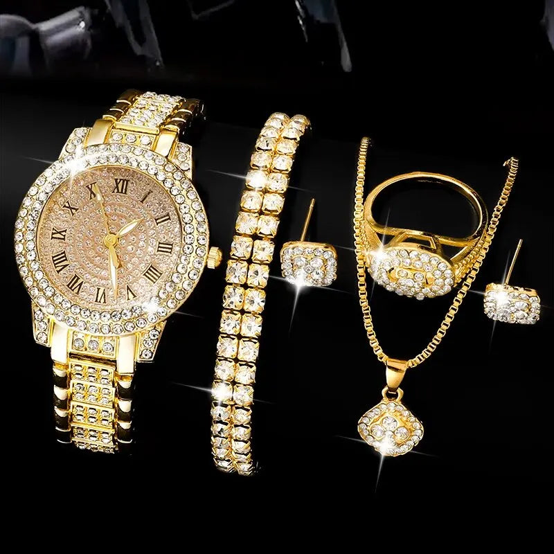 Zenat Golden Watch Ring Necklace Earrings Rhinestone Set