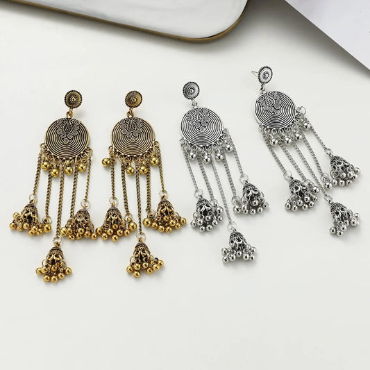 Zenat Retro Geometric Bead Tassel Jhumka Earrings